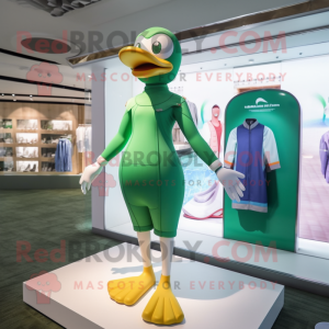 Green Geese mascot costume character dressed with a One-Piece Swimsuit and Foot pads
