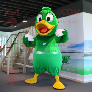 Green Geese mascot costume character dressed with a One-Piece Swimsuit and Foot pads