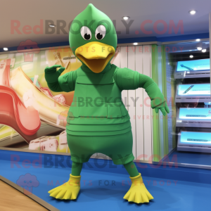 Green Geese mascot costume character dressed with a One-Piece Swimsuit and Foot pads