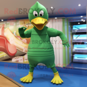 Green Geese mascot costume character dressed with a One-Piece Swimsuit and Foot pads