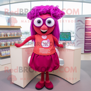 Magenta Lasagna mascot costume character dressed with a Mini Skirt and Reading glasses