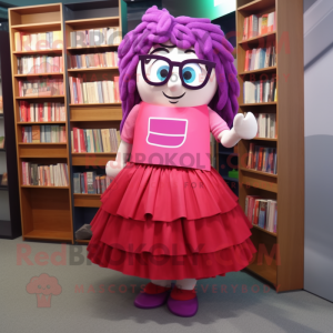 Magenta Lasagna mascot costume character dressed with a Mini Skirt and Reading glasses