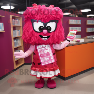 Magenta Lasagna mascot costume character dressed with a Mini Skirt and Reading glasses