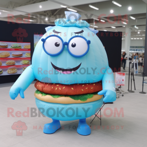 Sky Blue Hamburger mascot costume character dressed with a Circle Skirt and Reading glasses