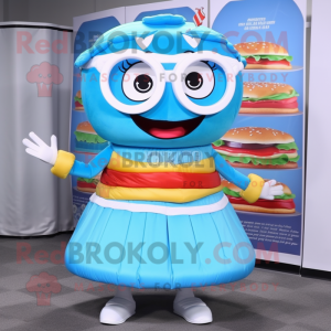 Sky Blue Hamburger mascot costume character dressed with a Circle Skirt and Reading glasses