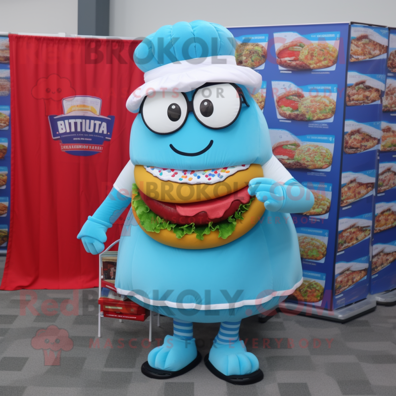 Sky Blue Hamburger mascot costume character dressed with a Circle Skirt and Reading glasses