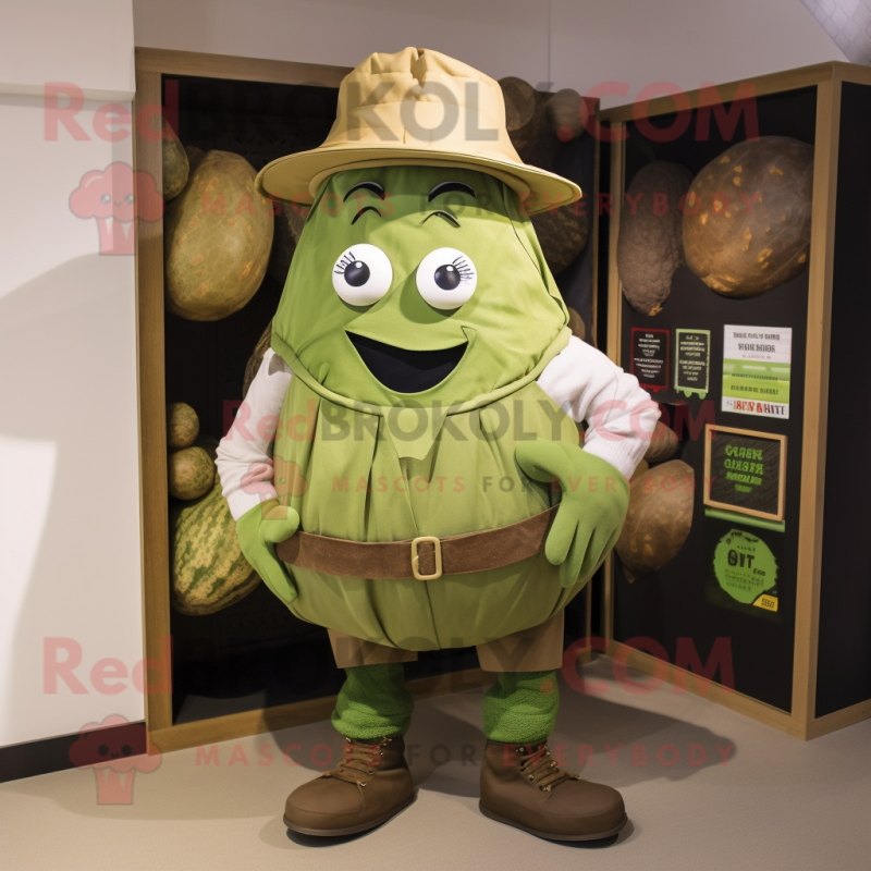 Olive Cabbage mascot costume character dressed with a Oxford Shirt and Hat pins Olive Cabbage mascot costume character dressed with a Oxford Shirt and Hat pins