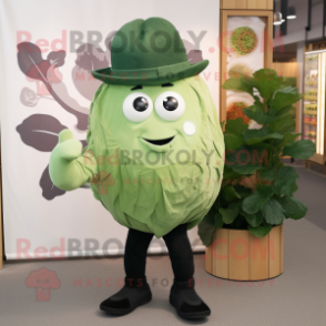 Olive Cabbage mascot costume character dressed with a Oxford Shirt and Hat pins