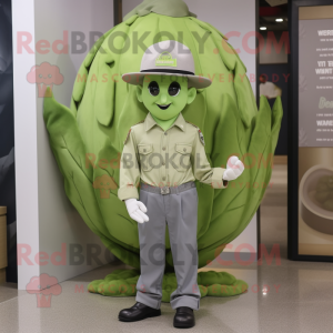 Olive Cabbage mascot costume character dressed with a Oxford Shirt and Hat pins