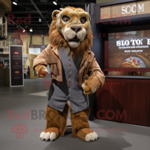 Rust Smilodon mascot costume character dressed with a Cardigan and Shoe clips