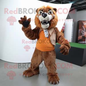 Rust Smilodon mascot costume character dressed with a Cardigan and Shoe clips
