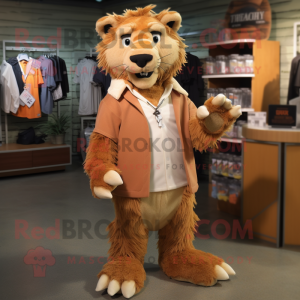 Rust Smilodon mascot costume character dressed with a Cardigan and Shoe clips