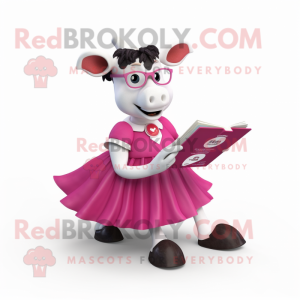 Magenta Holstein Cow mascot costume character dressed with a Circle Skirt and Reading glasses