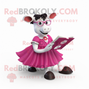 Magenta Holstein Cow mascot costume character dressed with a Circle Skirt and Reading glasses