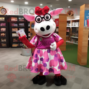 Magenta Holstein Cow mascot costume character dressed with a Circle Skirt and Reading glasses