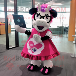 Magenta Holstein Cow mascot costume character dressed with a Circle Skirt and Reading glasses