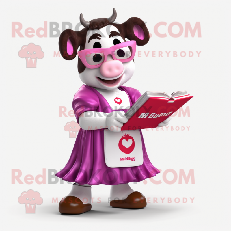 Magenta Holstein Cow mascot costume character dressed with a Circle Skirt and Reading glasses