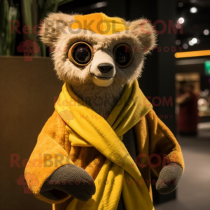 Gold Lemur mascot costume character dressed with a Corduroy Pants and Shawls