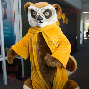 Gold Lemur mascot costume character dressed with a Corduroy Pants and Shawls