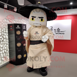 Cream Samurai mascot costume character dressed with a Raincoat and Messenger bags