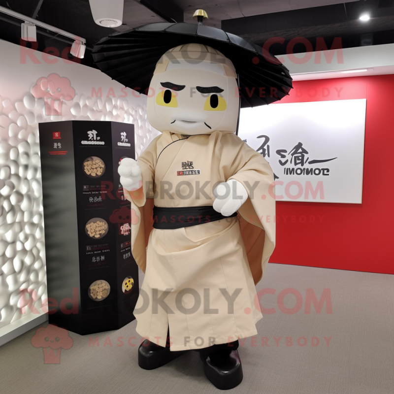 Cream Samurai mascot costume character dressed with a Raincoat and Messenger bags Cream Samurai mascot costume character dressed with a Raincoat and Messenger bags