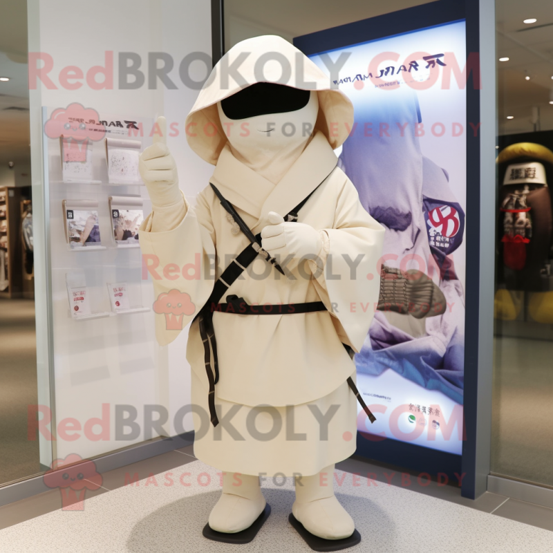 Cream Samurai mascot costume character dressed with a Raincoat and Messenger bags
