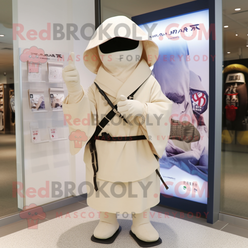 Cream Samurai mascot costume character dressed with a Raincoat and Messenger bags Cream Samurai mascot costume character dressed with a Raincoat and Messenger bags