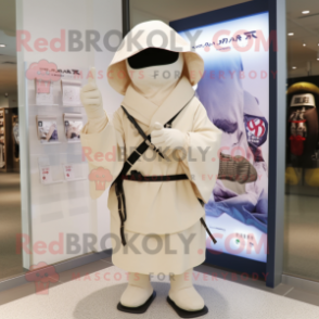 Cream Samurai mascot costume character dressed with a Raincoat and Messenger bags