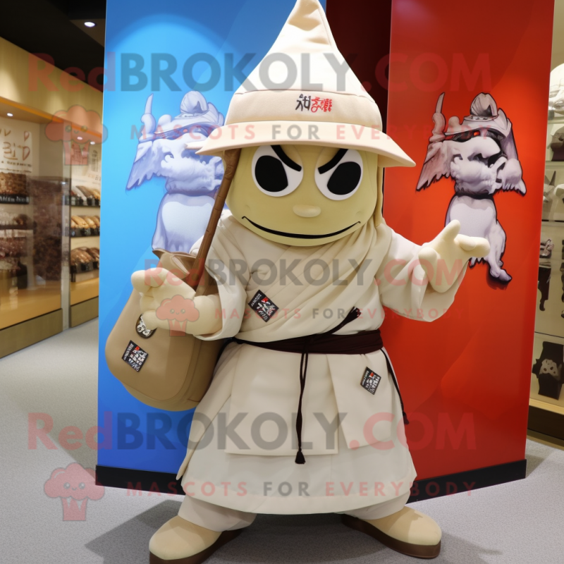 Cream Samurai mascot costume character dressed with a Raincoat and Messenger bags