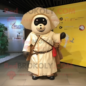 Cream Samurai mascot costume character dressed with a Raincoat and Messenger bags