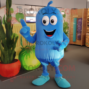 Blue Zucchini mascot costume character dressed with a Playsuit and Shoe laces