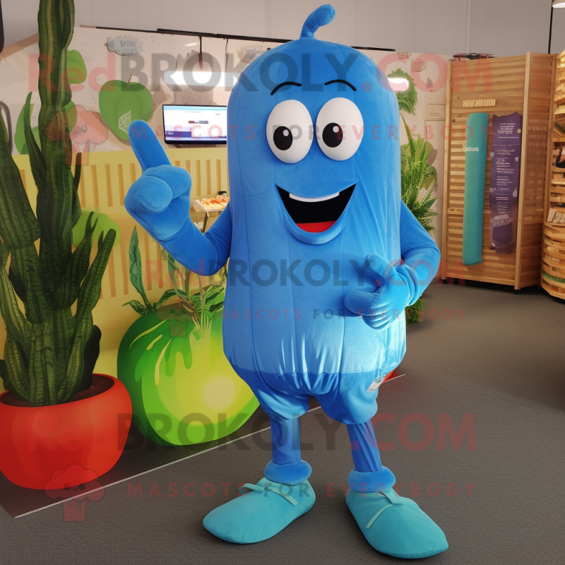 Blue Zucchini mascot costume character dressed with a Playsuit and Shoe laces