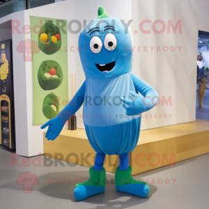 Blue Zucchini mascot costume character dressed with a Playsuit and Shoe laces