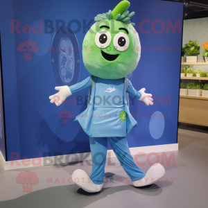 Blue Zucchini mascot costume character dressed with a Playsuit and Shoe laces