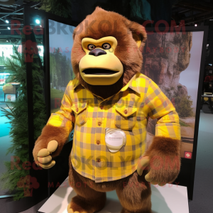Yellow Gorilla mascot costume character dressed with a Flannel Shirt and Keychains