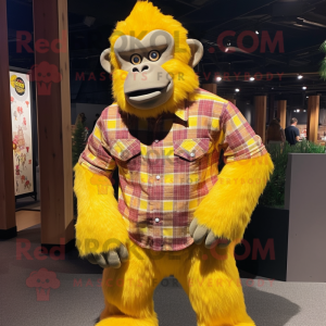 Yellow Gorilla mascot costume character dressed with a Flannel Shirt and Keychains