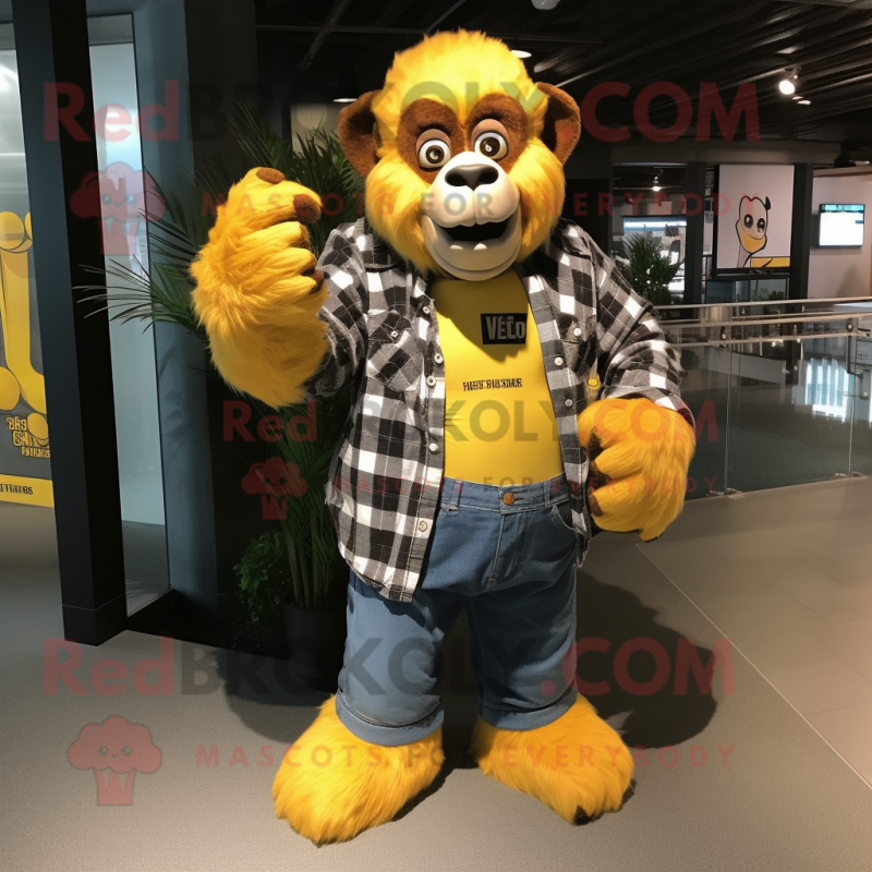 Yellow Gorilla mascot costume character dressed with a Flannel Shirt and Keychains