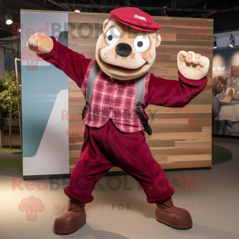 Maroon Trapeze Artist mascot costume character dressed with a Flannel Shirt and Beanies