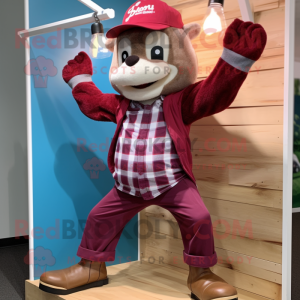 Maroon Trapeze Artist mascot costume character dressed with a Flannel Shirt and Beanies