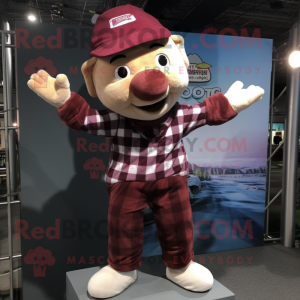 Maroon Trapeze Artist mascot costume character dressed with a Flannel Shirt and Beanies