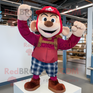 Maroon Trapeze Artist mascot costume character dressed with a Flannel Shirt and Beanies