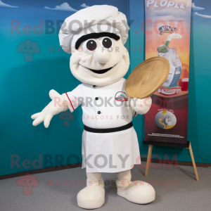 White Paella mascot costume character dressed with a Polo Tee and Caps