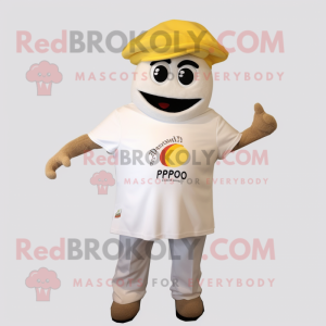 White Paella mascot costume character dressed with a Polo Tee and Caps