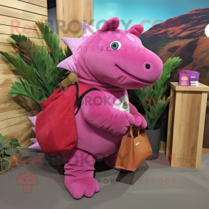 Magenta Ankylosaurus mascot costume character dressed with a Corduroy Pants and Tote bags