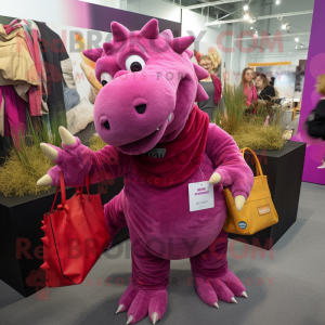 Magenta Ankylosaurus mascot costume character dressed with a Corduroy Pants and Tote bags