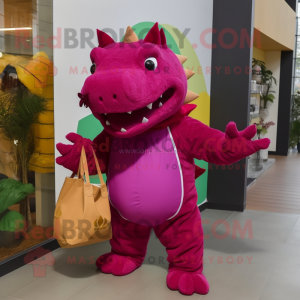 Magenta Ankylosaurus mascot costume character dressed with a Corduroy Pants and Tote bags
