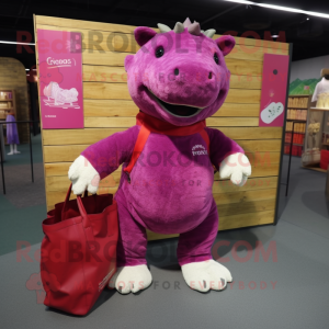 Magenta Ankylosaurus mascot costume character dressed with a Corduroy Pants and Tote bags