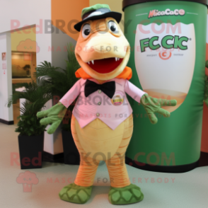 Peach Crocodile mascot costume character dressed with a Suit Pants and Scarf clips