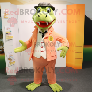 Peach Crocodile mascot costume character dressed with a Suit Pants and Scarf clips