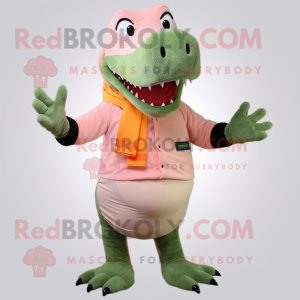 Peach Crocodile mascot costume character dressed with a Suit Pants and Scarf clips